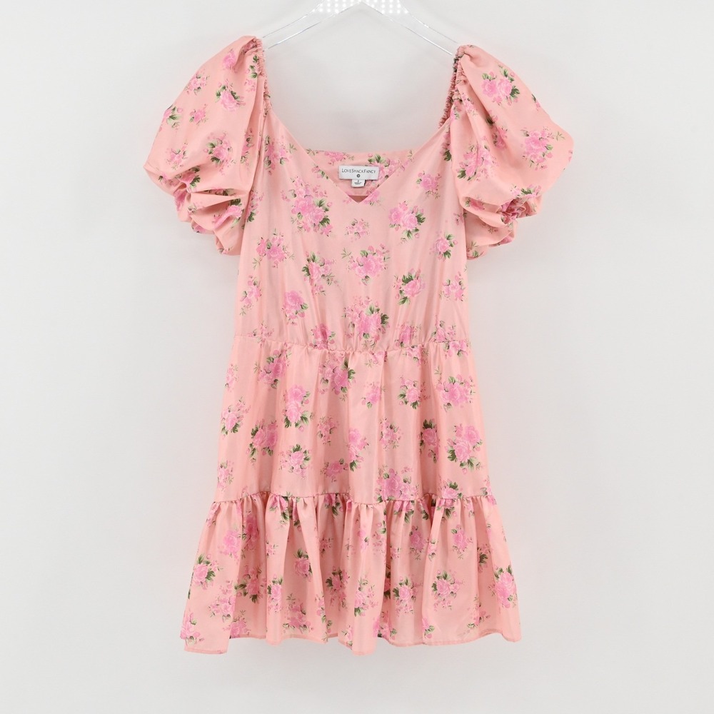 LoveShackFancy Cecile Mini Dress Womens Size 2 Pink Floral Puff Sleeve Tiered - Picture 2 of 12